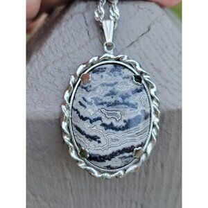 Vintage Sterling Silver Italy Chain Necklace W/ Black & White Lace Agate Pendant